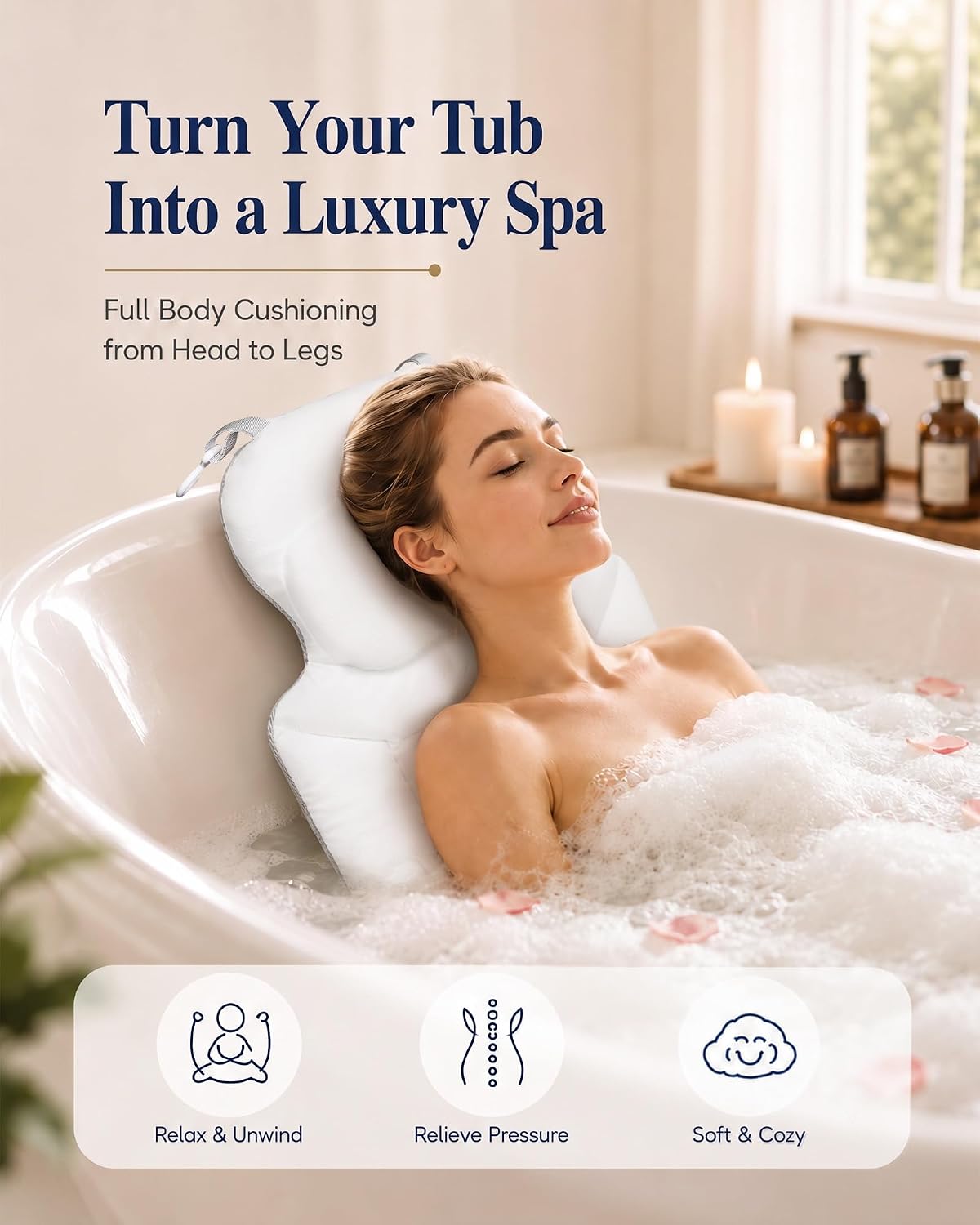 Full Body Bath Pillow for Bathtub, Extra Thick Luxury Bath Cushion with Adjustable Lumbar Support, 240 Suction Cups, Quick Dry 5D Mesh Tub Pillow for Home Spa Relaxation 52" x 17"