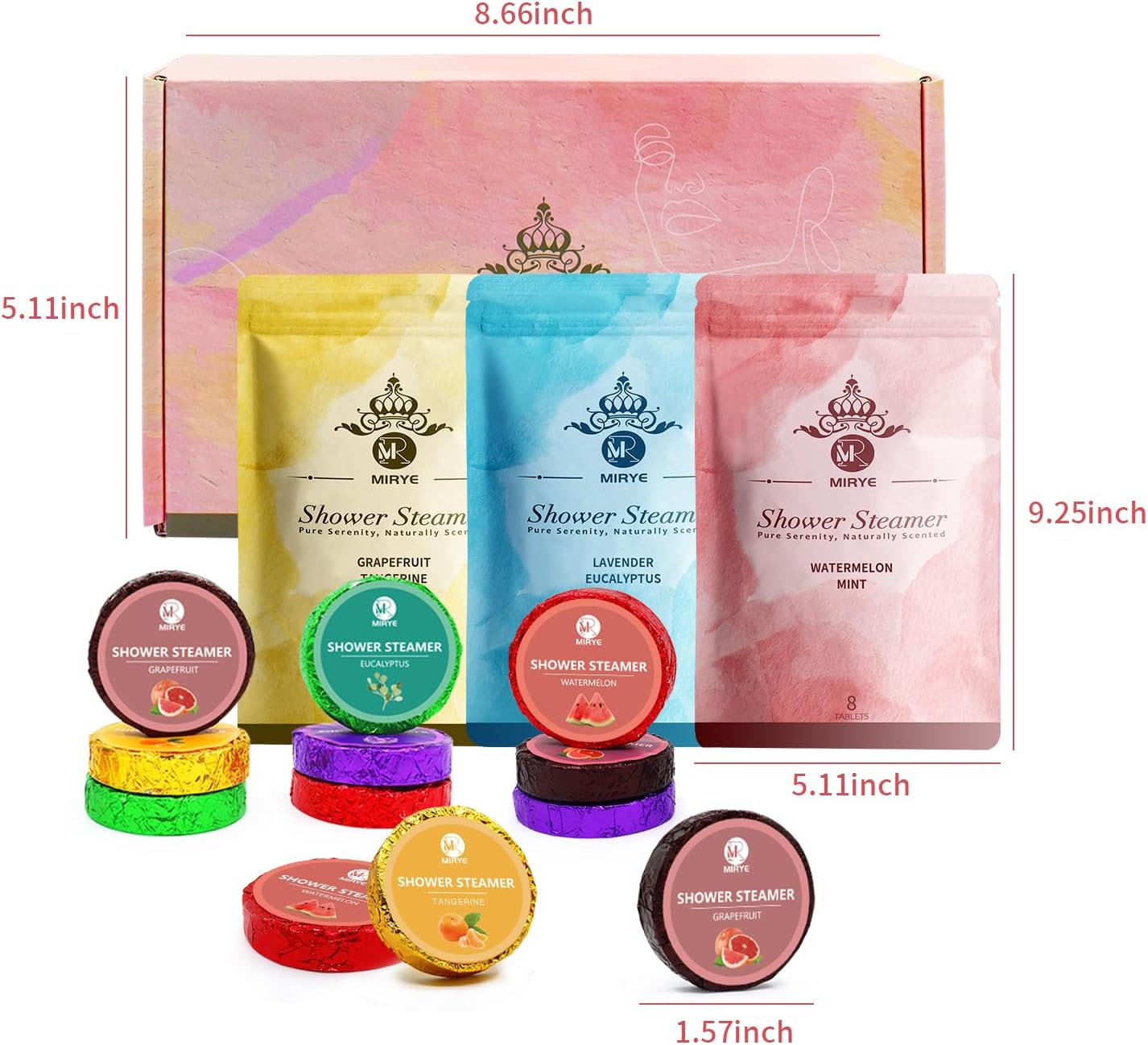 MR MIRYE Shower Steamers Aromatherapy, 24-Pack Shower Bombs Birthday Gifts for Women, Valentine's Day Gift with Eucalyptus Mint Lavender Watermelon Grapefruit Tangerine Essential Oils