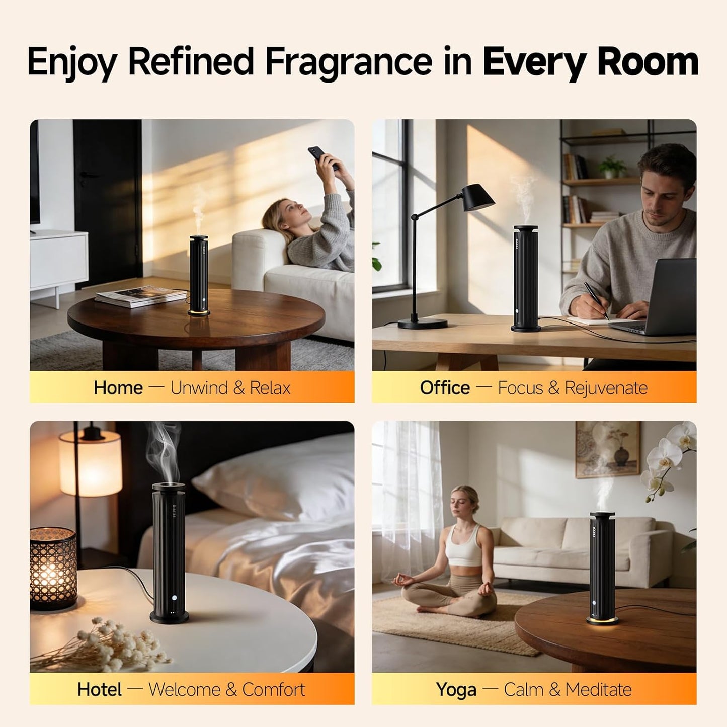 FEPPO Waterless Diffuser – Diffuser for Home, Hotel, Office | Essential Oil Diffuser Starter Kit with 5×20mL Hotel Scent Oils, 6 Scent Levels, 4 Timer Modes, Quiet Diffuser, 1000+ Sq Ft