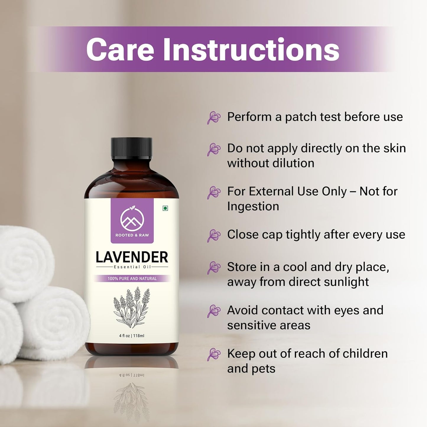 Lavender Essential Oil – Lavender Oil for Diffuser, Aromatherapy, Sleep, Skin & Hair – Large 4 fl oz with Glass Dropper – ROOTED & RAW