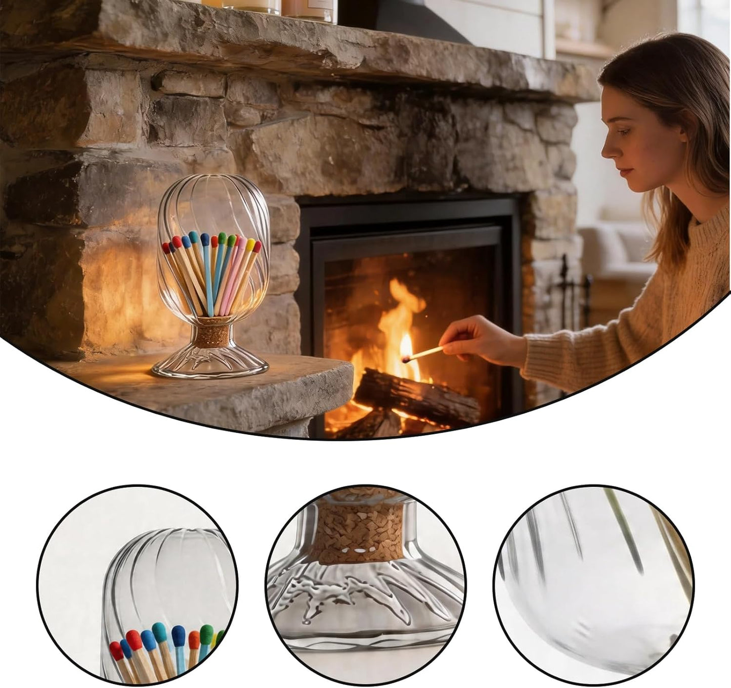 Clear Glass Match Holder Jar with Swirl Pattern, Decorative Match Storage Bottle with Cork Lid & Footed Base for Home & Bar