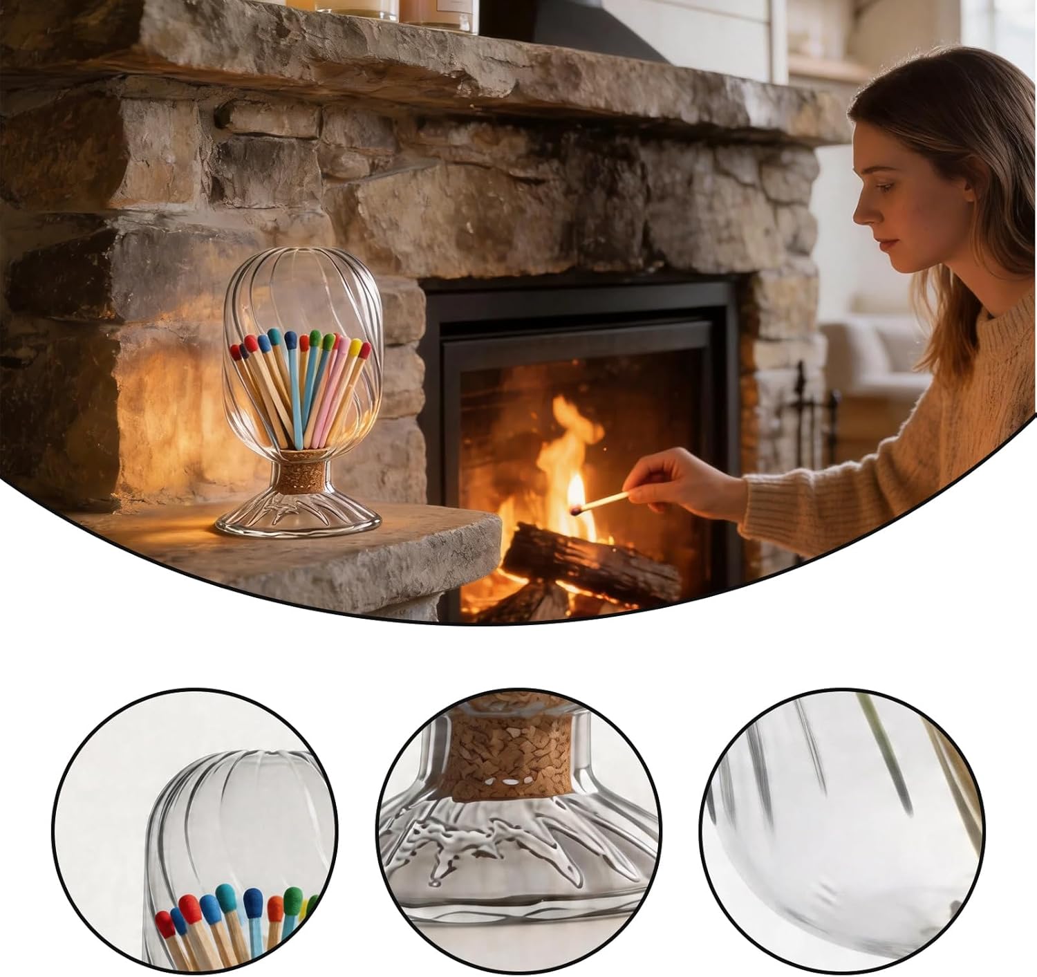 Clear Glass Match Holder Jar with Swirl Pattern, Decorative Match Storage Bottle with Cork Lid & Footed Base for Home & Bar