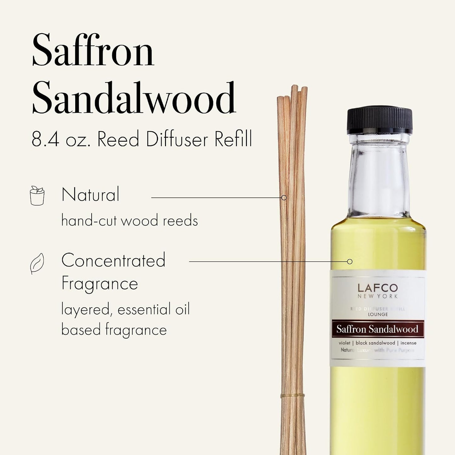 LAFCO New York Fall Reed Diffuser Refill, Saffron Sandalwood - 8.4 oz - Up to 4-Month Fragrance Life - Includes Natural Wood Reeds - Free of Dyes & Propellants - Made in the USA