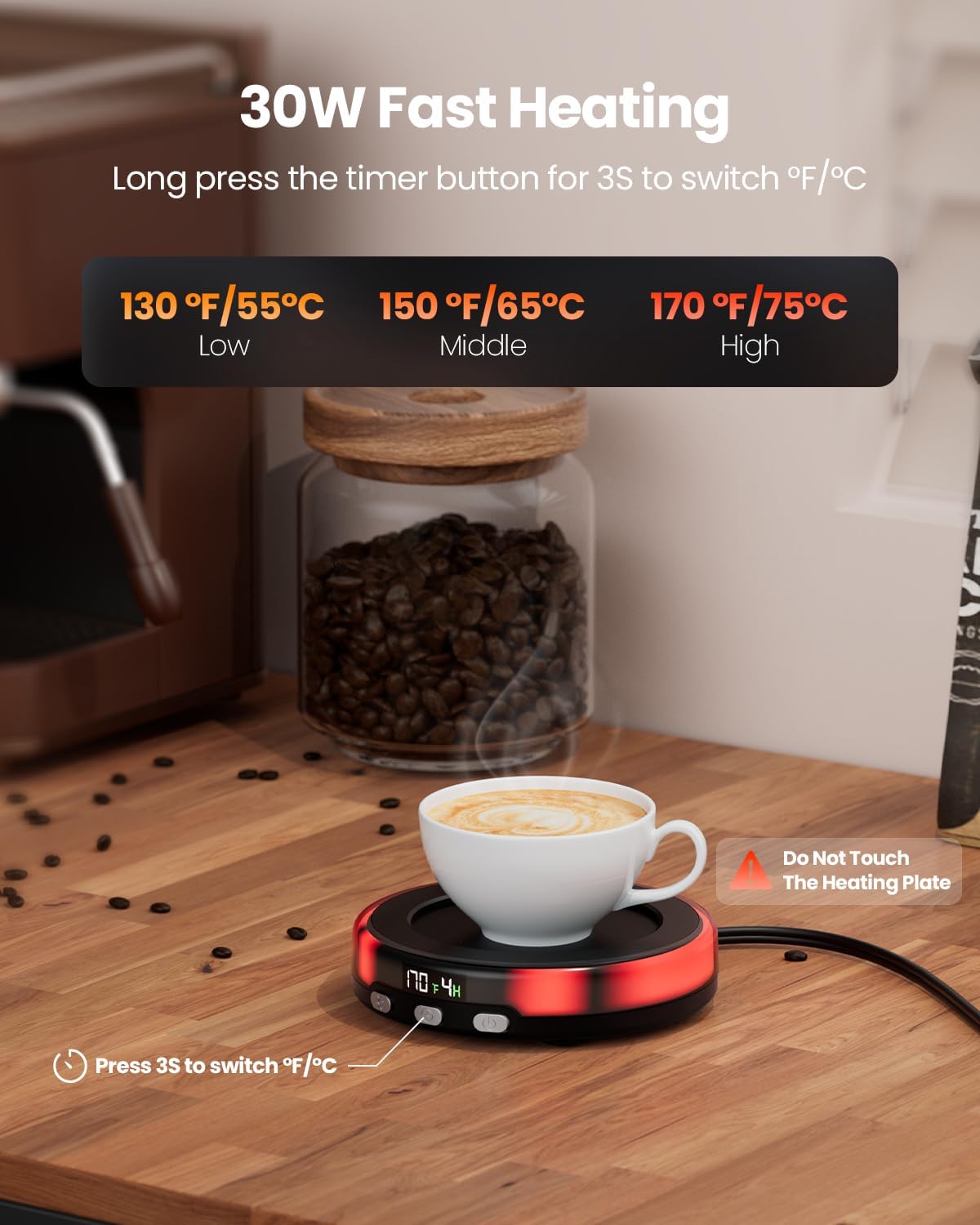 Gaiatop Coffee Mug Warmer for Desk, 3 Temp Settings, 2-9Hrs Timer, 3 Colorful Romantic Atmosphere Light Modes, Stocking Stuffers, Beverage Heating Plate with Digital Display for Candle Tea Milk Black