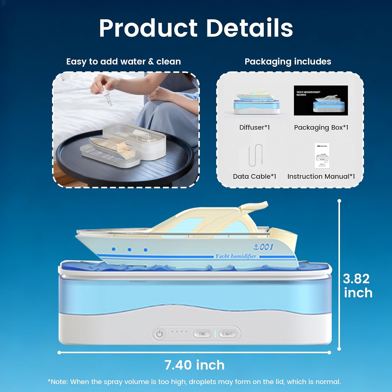 Essential Oil Diffuser, Cool Yacht Aromatherapy Diffuser with 7 Colors Light, 150ml Ultrasonic Cool Mist Humidifier with Auto-Off & Timer, 3 Modes Air Diffusers for Home,Bedroom,Office,Yoga (White)