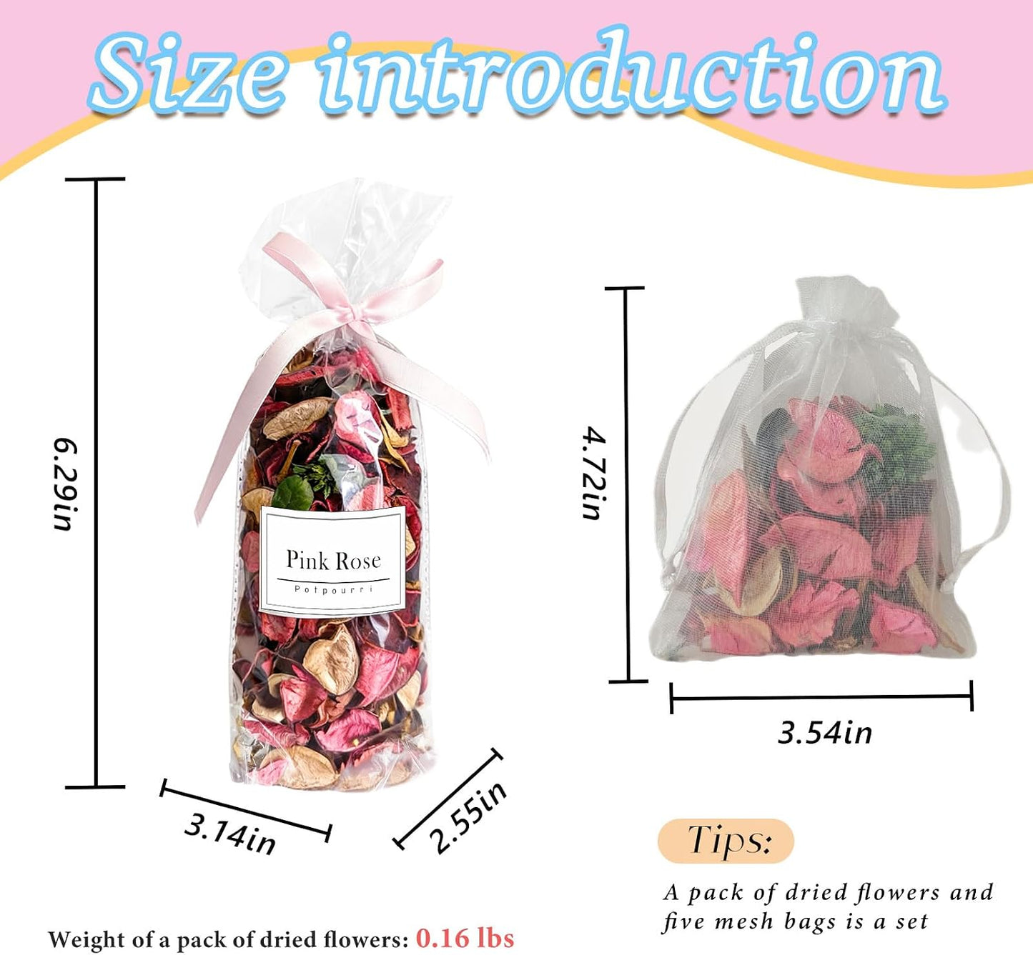 Potpourri Bowl Filler with 5 Clear Mesh Bags – Pink Rose Scented Dried Flowers, Coastal Fragrance for Home, Spring Vase Filler Decor,Valentines Potpourri