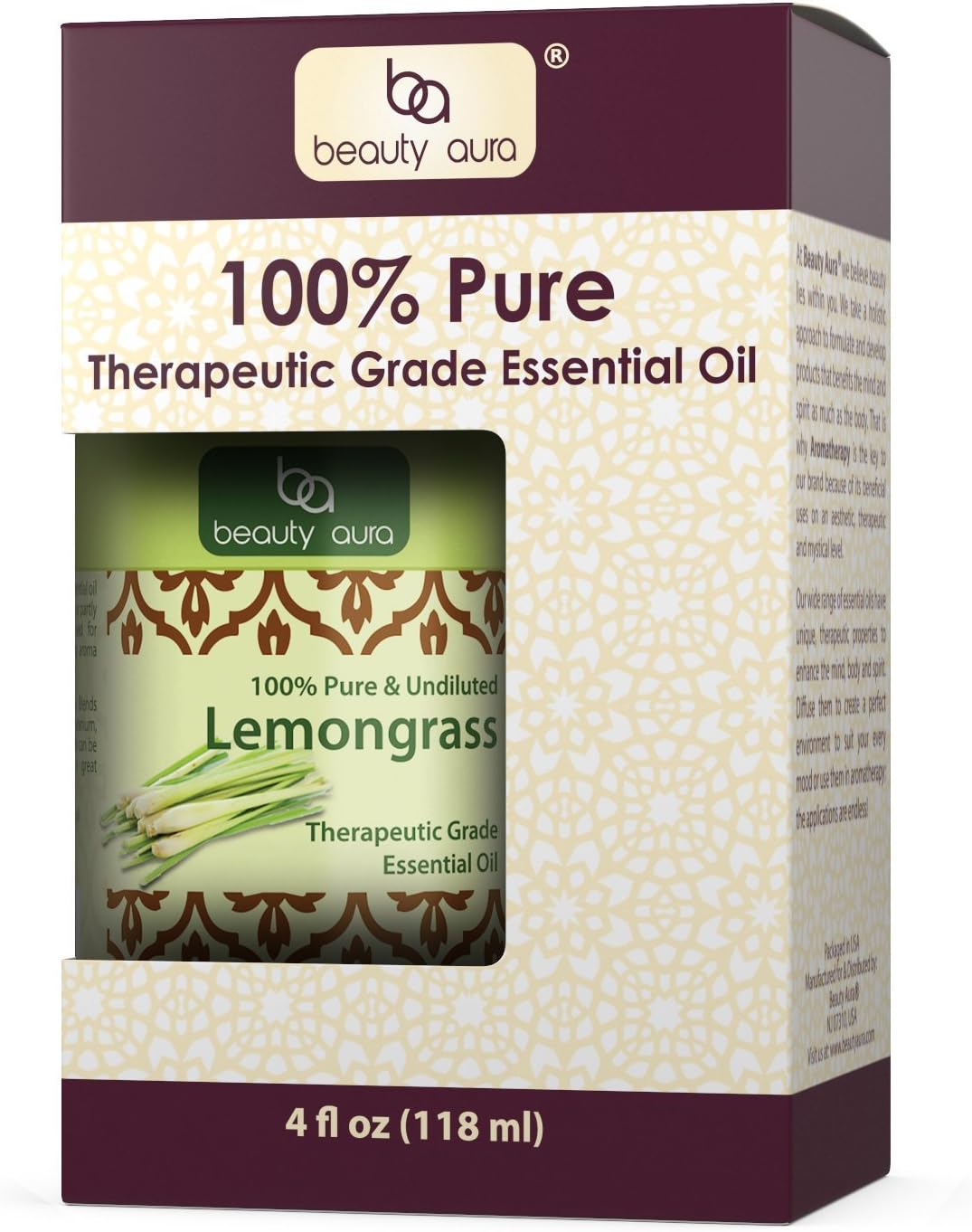 Beauty Aura Lemongrass Essential Oil | 4 Oz (118 ML) | 100% Pure & Undiluted