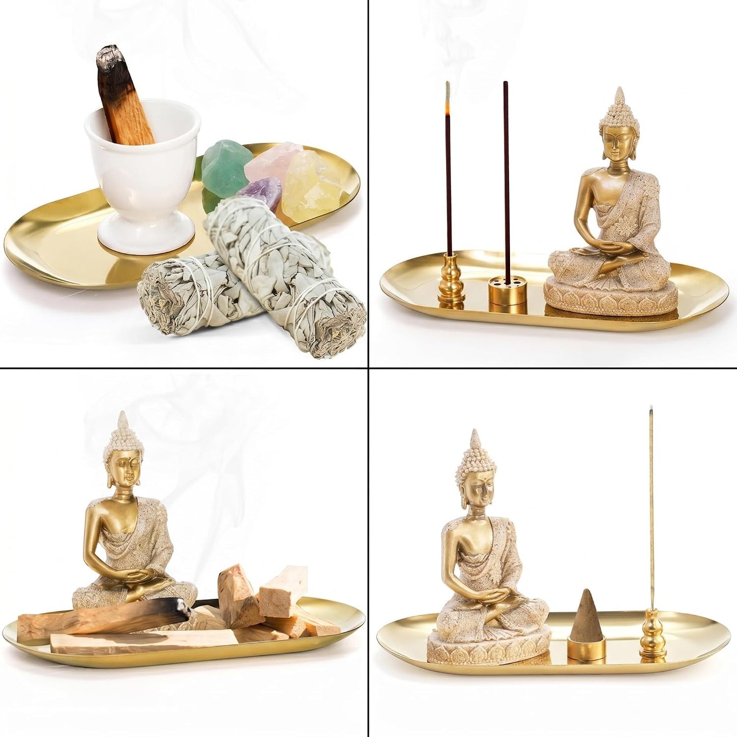 TOPZEA 6 in 1 Brass Incense Burner Holder, Palo Santo & Sage Sticks Holder, Ash Catcher Tray with Buddha Statue for Coil Incense, Incense Cone & Stick, Meditation Accessories, Yoga Room Decor