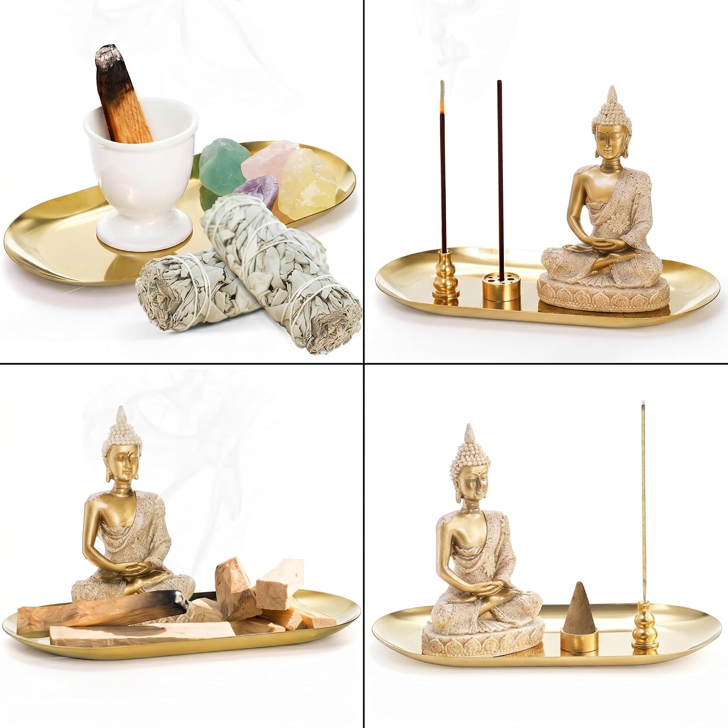 TOPZEA 6 in 1 Brass Incense Burner Holder, Palo Santo & Sage Sticks Holder, Ash Catcher Tray with Buddha Statue for Coil Incense, Incense Cone & Stick, Meditation Accessories, Yoga Room Decor