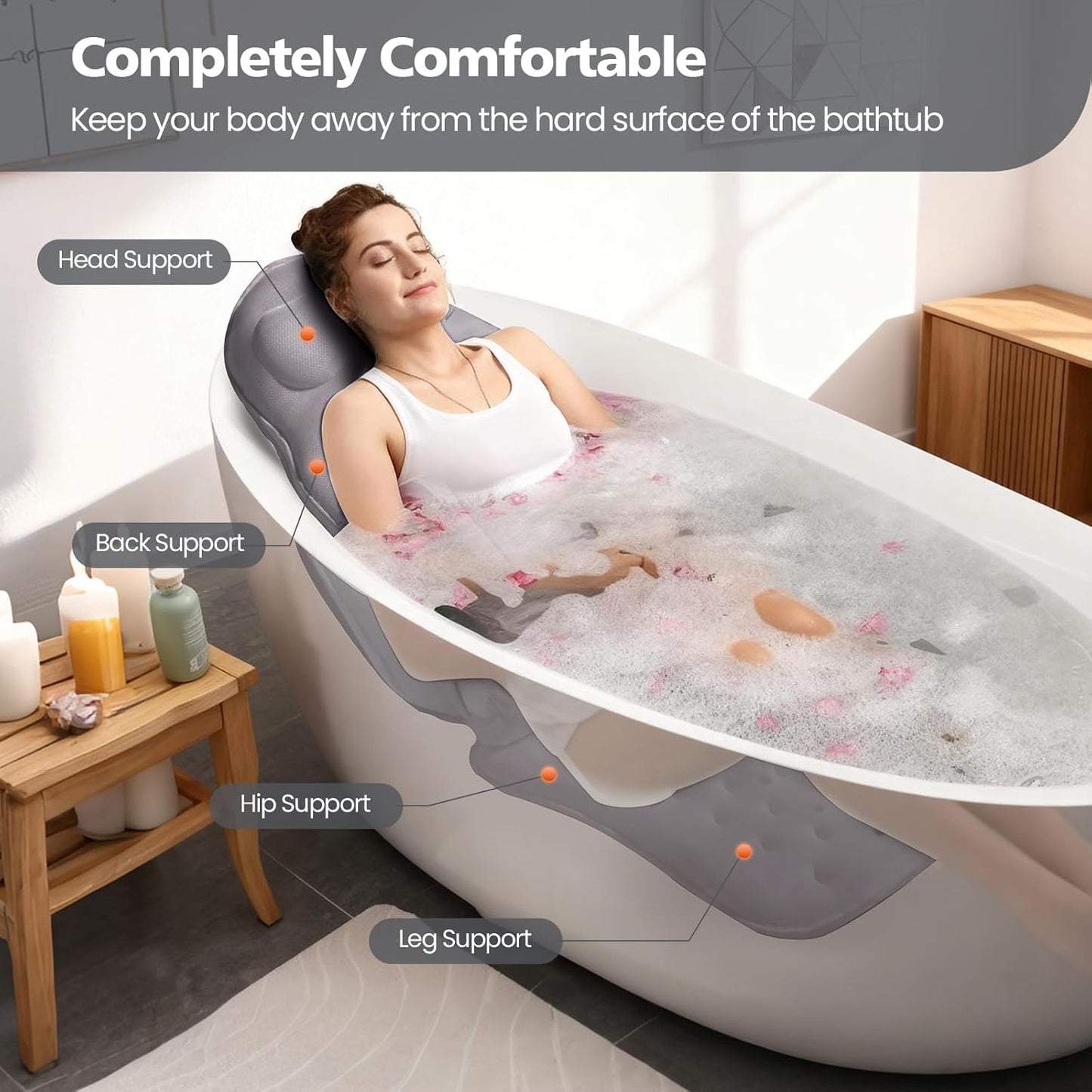 Full Body Bath Pillow for Bathtub,Thick Bathtub Cushion Soft 5D Mesh Spa Cushion,Luxury Tub Pillow with Laundry Bag for Headrest Neck and Back Support,Gift for Soaking (Gray)