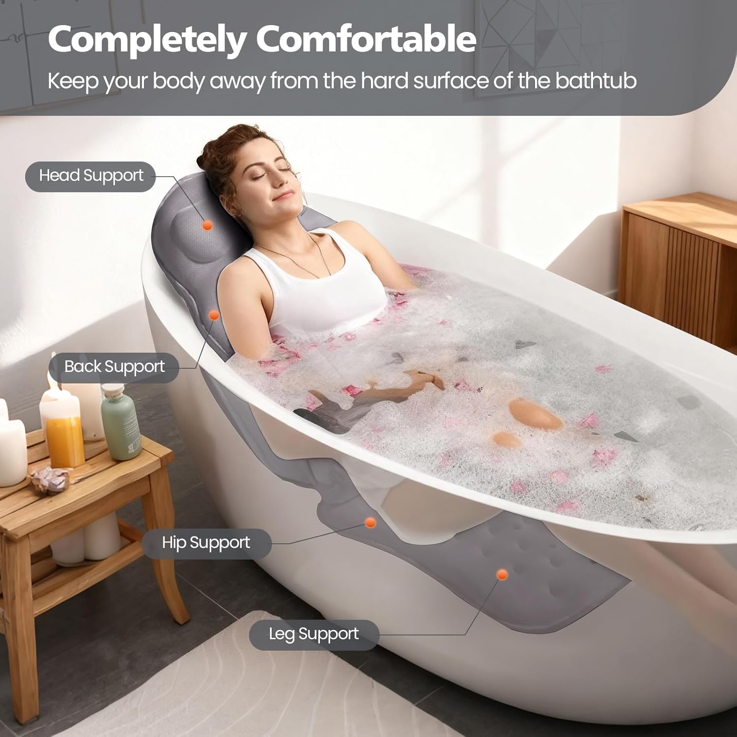 Full Body Bath Pillow for Bathtub,Thick Bathtub Cushion Soft 5D Mesh Spa Cushion,Luxury Tub Pillow with Laundry Bag for Headrest Neck and Back Support,Gift for Soaking (Gray)