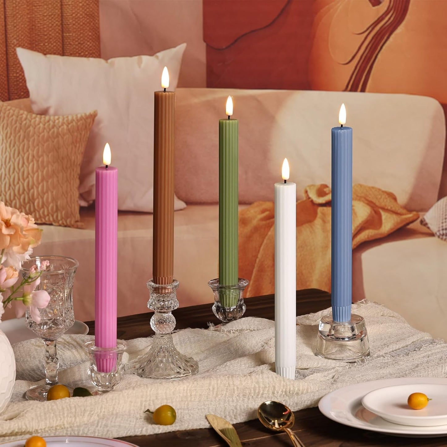 Olive Green Ribbed Fluted Flameless Taper Candles with Remote, Flickering Battery LED Wax Candlesticks Wedding Home Decor Set of 4