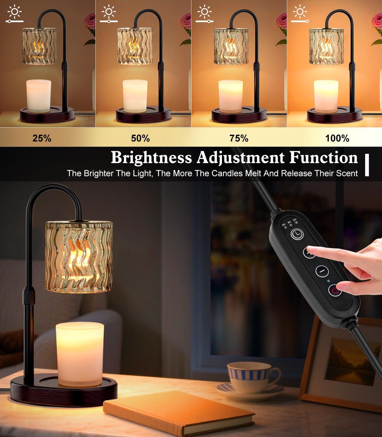 Candle Warmer Lamp Electric Timer: Height Adjustable Burner Jar- Dimmable Candles Warming Lamps - No Flame Scented Melts Wax - All Candle Jars Home Decor Table Light