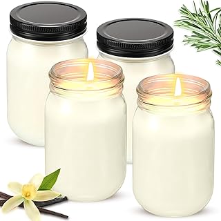 MTLEE 4 Pack 12 oz Mason Jar Soy Candle with Essential Oils Scented Soy Wax Candles up to 60 Hours Burn Time Gift for Easter Home Office Wedding Birthday Farmhouse Party Mother(Vanilla)