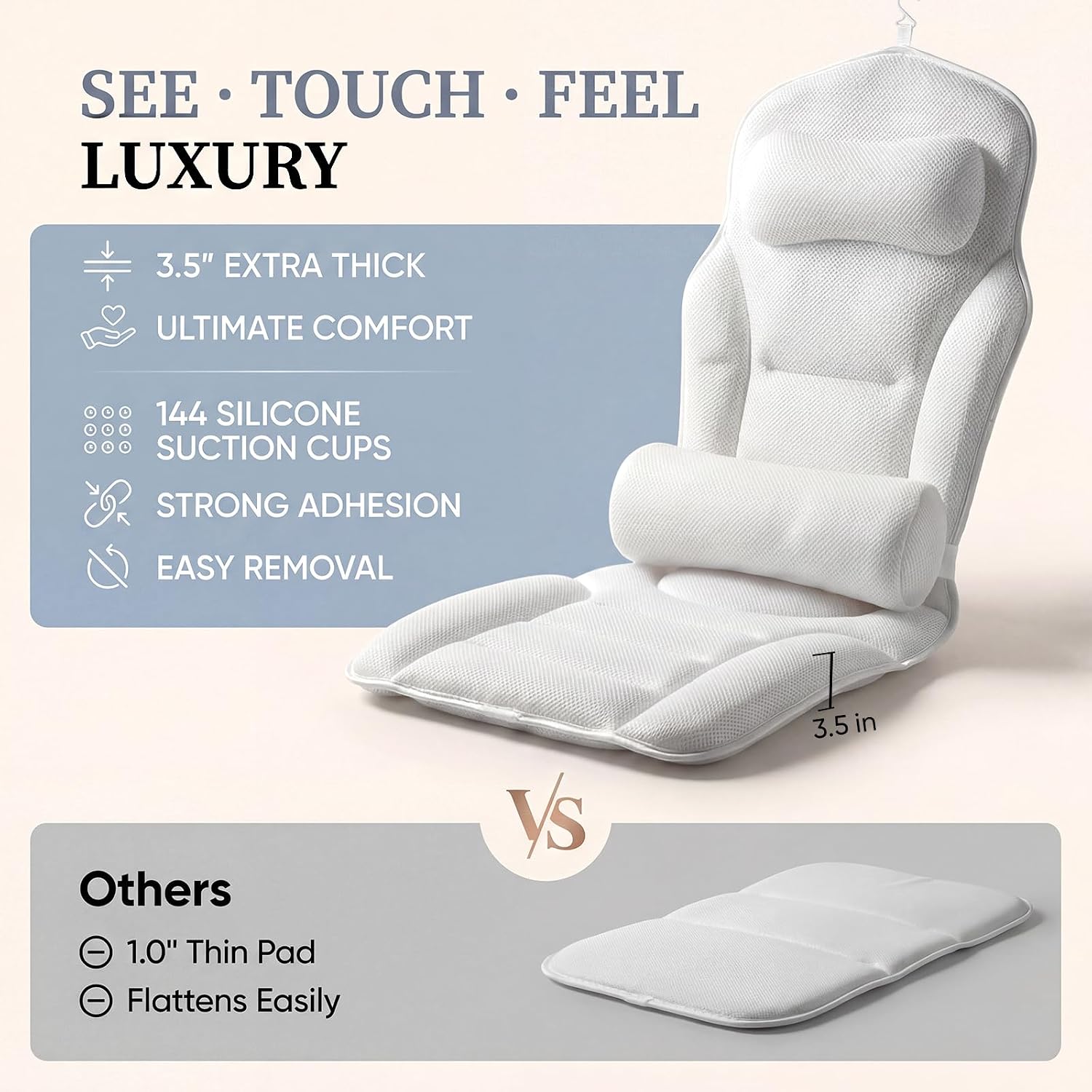 Full Body Bath Pillow for Bathtub, Adjustable Bathtub Pillows for Head and Neck Support, Extra Long Thick Bathtub Cushion with 192 Non-Slip Power Suction Cups, Spa Present Bath Pillow (52" x 17")