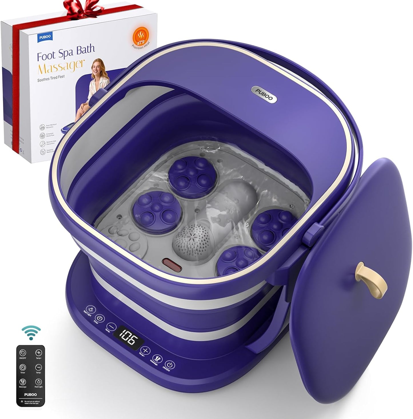Puboo Electric Foot Bath Massager with Remote, 16 Motorized Massage Balls for Stress Relief, Collapsible Foot Spa Bath Massager with Heat, Pedicure Spa Tub with Temp Control, Purple
