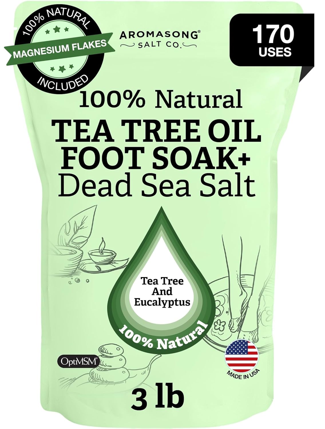 Aromasong Tea Tree Foot Soak with Magnesium Flakes and Dead Sea Foot Soaking Salts - Pedicure Tea Tree Oil Foot Soak for Dry Cracked Feet-Athlete's Callus Remover- Eliminates Odor- Packaging May Vary