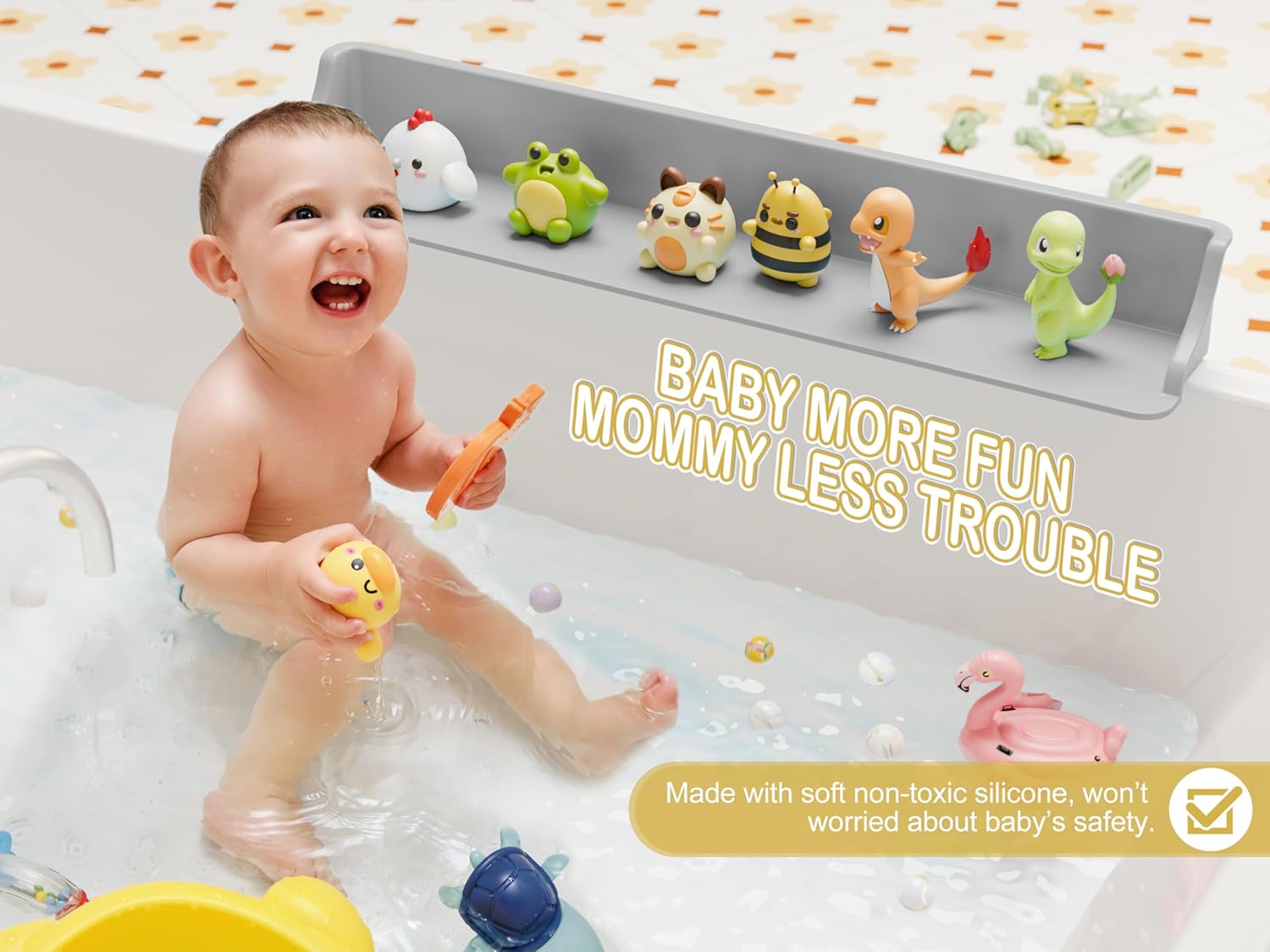 Cushore 3-Ft Bathtub Splash Guard PlayPad with Strong Suction Cups, Toy Tray Caddy Holder Storage, No-Leak, Mess-Free Bath Time for Kids, Grey