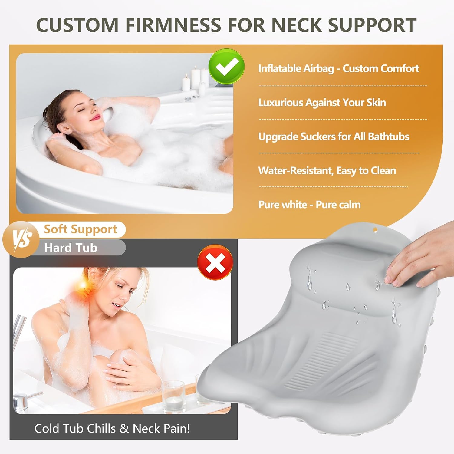 Inflatable Bath Pillows for Tub - Adjustable Firmness Silicone Bathtub Pillow for Neck-Relaxing & Epsom Salt Soaking, Bath Pillow for Head & Back Support Cushion, Spa Gifts for Women, Parent (Gray)