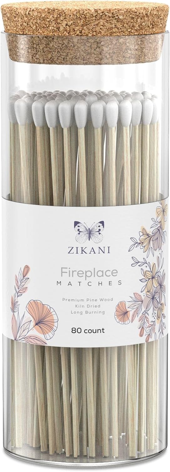 White Tip Fireplace 8-inch Long Shabbat Matches Pack of 80 Decorative Safety Matches with Cork Top Glass Holder Including Striker Ideal for Lighting