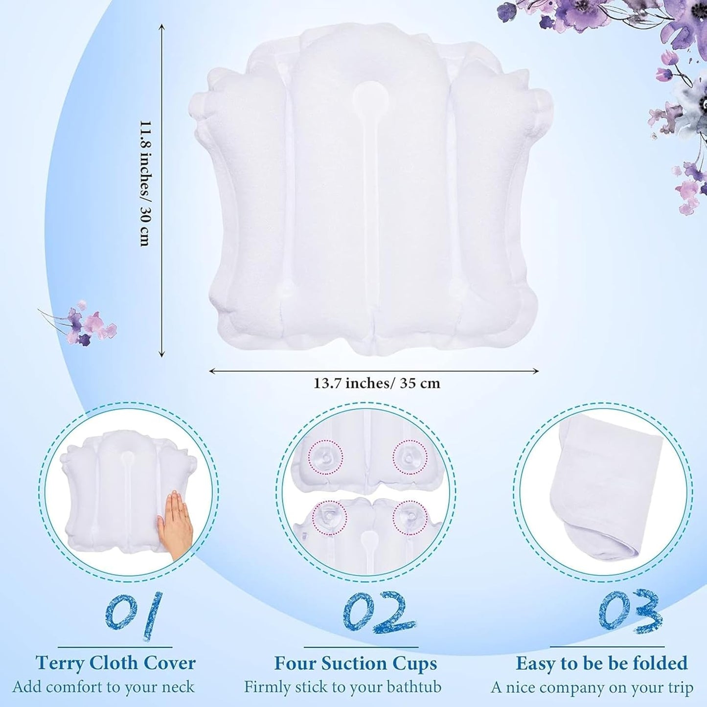Jetec 2 Pcs Inflatable Bath Pillow with Suction Cup Terry Cloth Covered Bath Pillow Shell Shape Bathtub Spa Pillows Comfortable Soft Cushion Neck Support Fits All Pool Bathroom Home Spa Hot Tub
