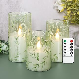 Crystal Club Glass Flameless Candles with Remote Timer, Battery Operated Flickering LED Pillar Candles, Green Willow Leaves Design for Wedding Holiday Home Decor