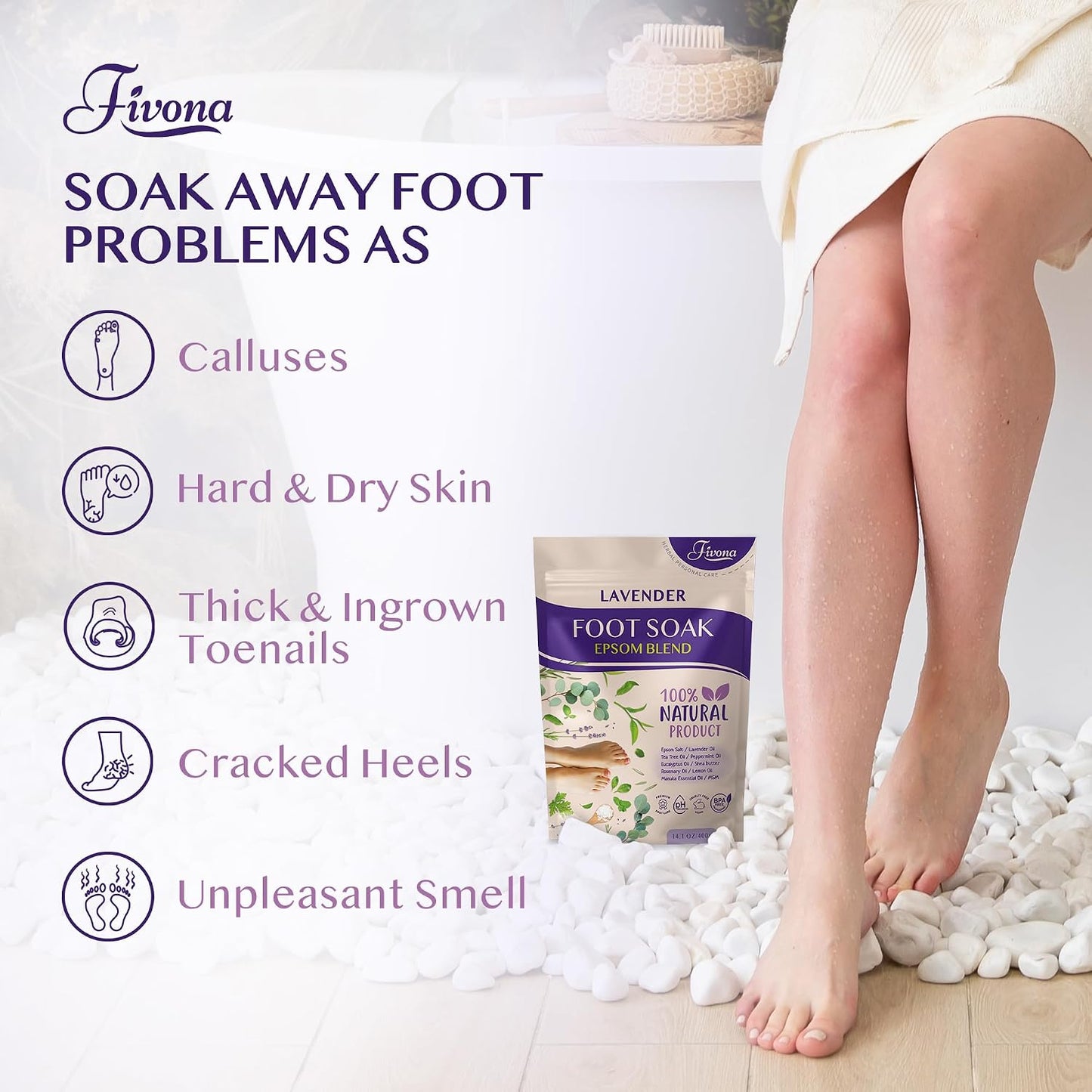 Fivona Foot Soak Blend Epsom Salt with Lavender 14.1 oz - Calming Foot Bath Salt, Relax & Renew Tired Feet, Soothe Soreness, Soften Calluses - Rejuvenating Pedicure Spa at Home