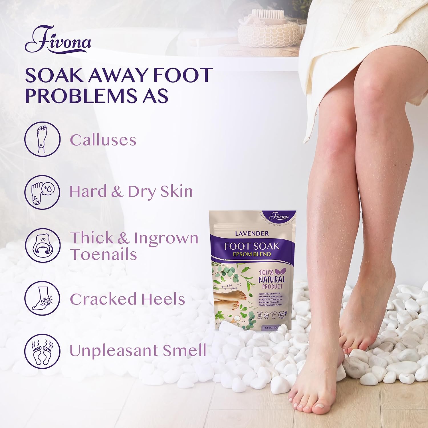 Fivona Foot Soak Blend Epsom Salt with Lavender 14.1 oz - Calming Foot Bath Salt, Relax & Renew Tired Feet, Soothe Soreness, Soften Calluses - Rejuvenating Pedicure Spa at Home