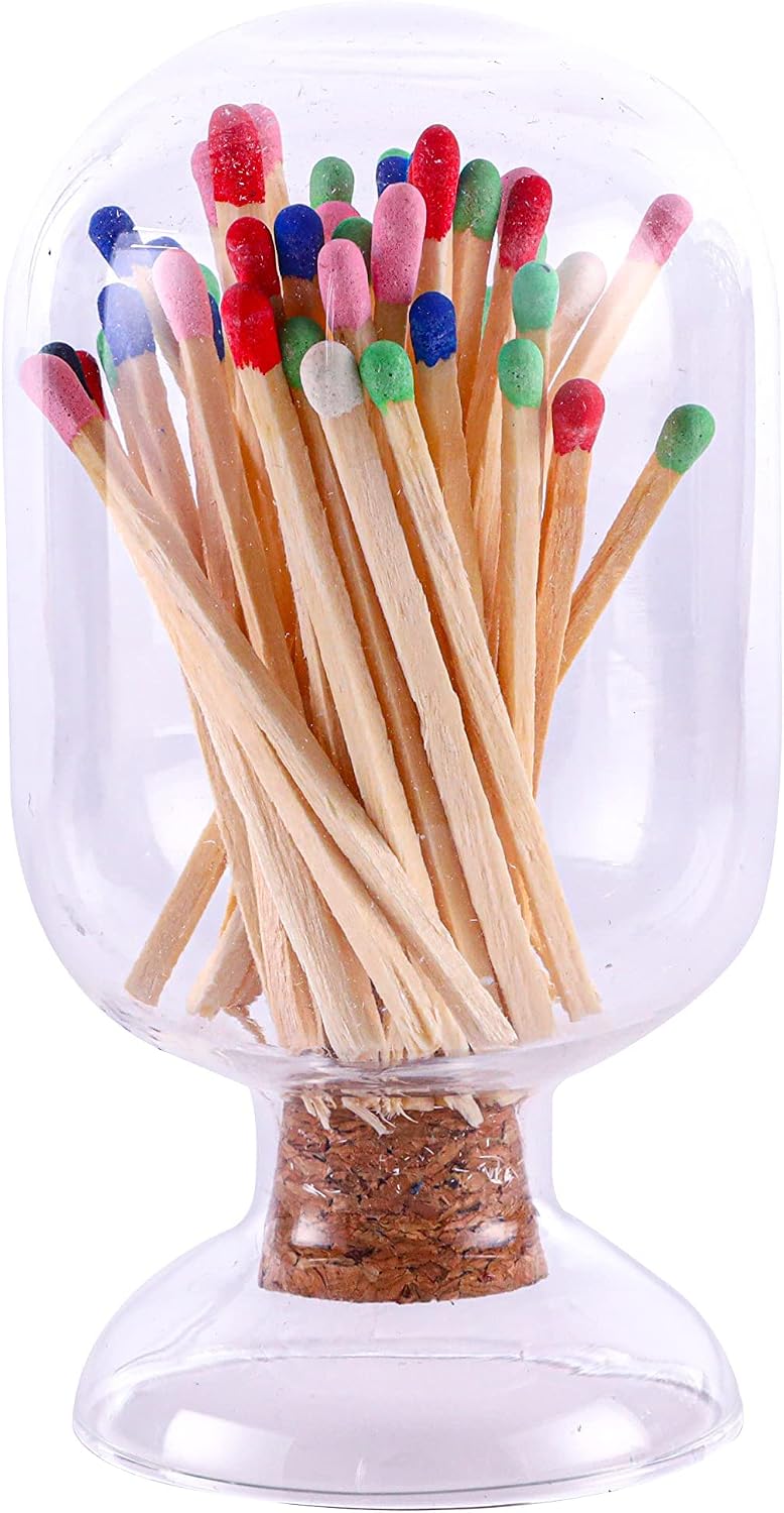 Clear Glass Match Cloche Jar, Fireplace Match Cloche Bottle, Match Striker Holder, match striker jar, Fireplace Matches Holder with Striker - Fancy Home Bathroom Décor - Matches NOT included (125ml)