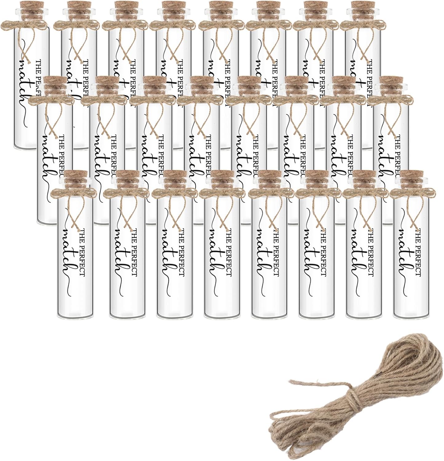 Klmnop 24 Pcs Empty Matches Jars with Cork Top, Bulk Glass Match Holder with Decorative Twine for DIY Wedding Matches Favors Party Favors Guests Gifts(Clear)