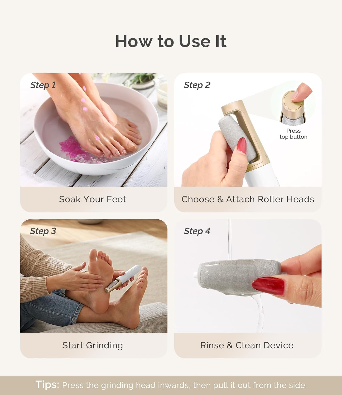 MelodySusie Electric Callus Remover for Feet, PC800G IPX7 Waterproof Rechargeable Pedicure Tool with LED Light & 3 Grits Roller Heads & Adjustable Speeds, for Dead Skin & Cracked Heel, White Gold