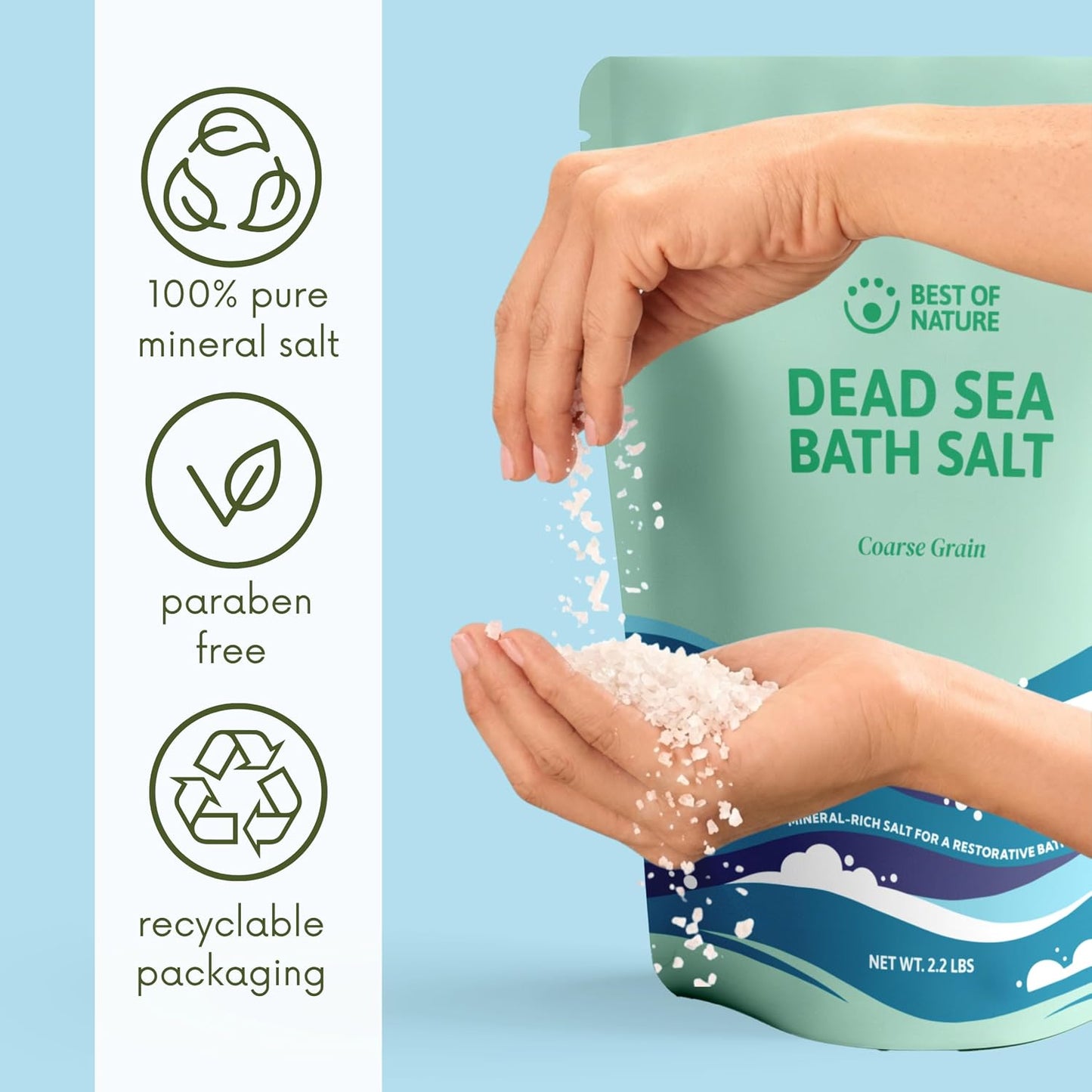 Best of Nature Dead Sea Salt 2.2 lb Coarse Grain Bath Soak Salt, Mineral-Rich Crystals, Resealable Bag, Made in the USA