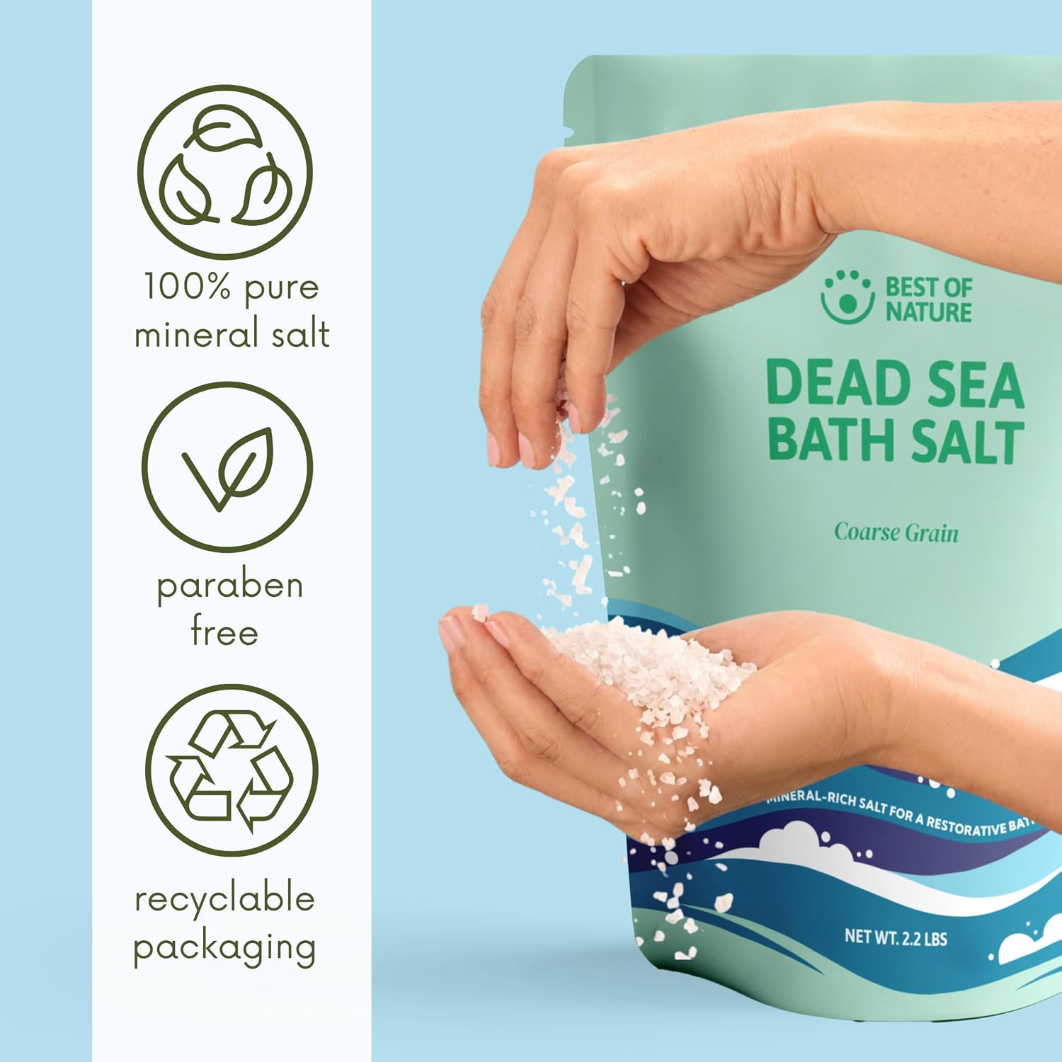 Best of Nature Dead Sea Salt 2.2 lb Coarse Grain Bath Soak Salt, Mineral-Rich Crystals, Resealable Bag, Made in the USA