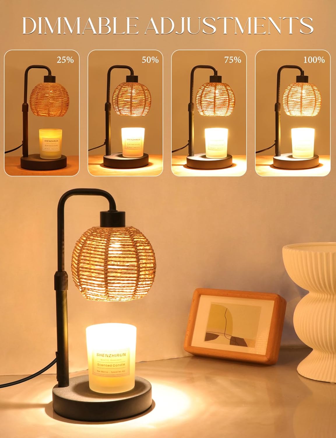 Candle Warmer Lamp with Timer Dimmable, Natural Weaving Boho Electric Candle Lamp, Wax Warmer Lamp for Mothers Day Gifts for Mom, House Warming Gifts New Home Decor