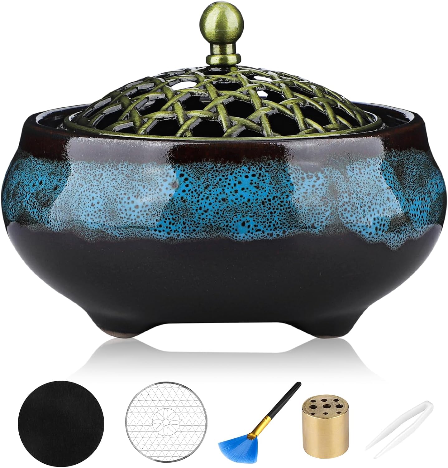 Incense Holder, Ceramic Incense Burner, Spiritual Gift, Durable & Elegant Design for Yoga, Altar, or Relaxation,Large Capacity Incense ash Catcher. (Fambe Blue)