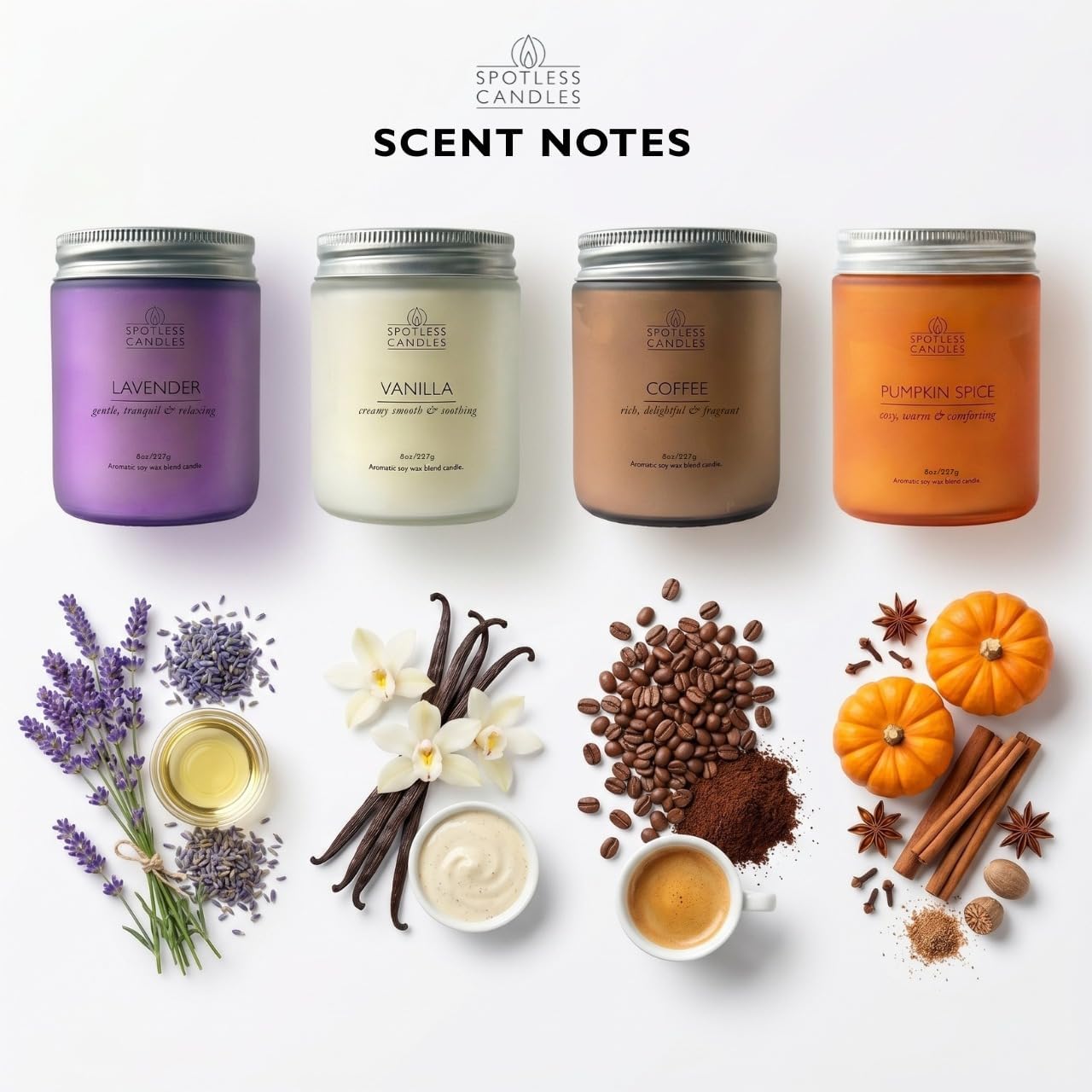 Classic Candle Gift Set; 4 x 8oz Scented Candles in Frosted Glass Jars; Coffee, Vanilla, Lavender, Pumpkin Spice; 200 Hours Burn Time; Gifts Set for Women; Premium Gift Box by Spotless Candles