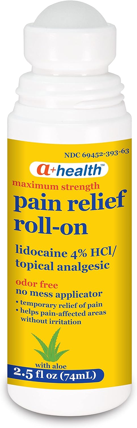 A+Health Pain Relief Roll-On Liquid, Lidocaine 4%, Odor Free, Maximum Strength Pain + Itch Relief with Aloe, Made in USA, 2.5 fl Ounces