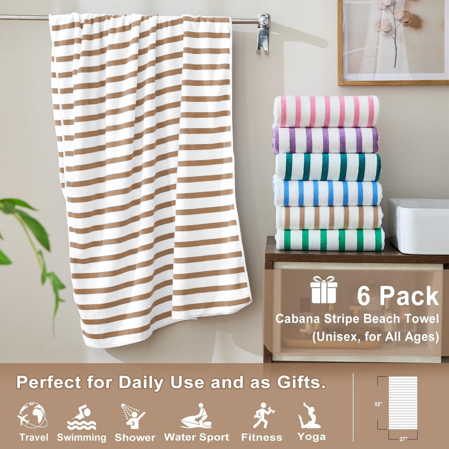 JML Microfiber Beach Towels Set, 6 Pack, 27" x 55", Cabana Stripe Coffee | Hanging Loop, Soft, Absorbent, Quick Dry, Lint-free, No Fading, For Swimming Pool Party