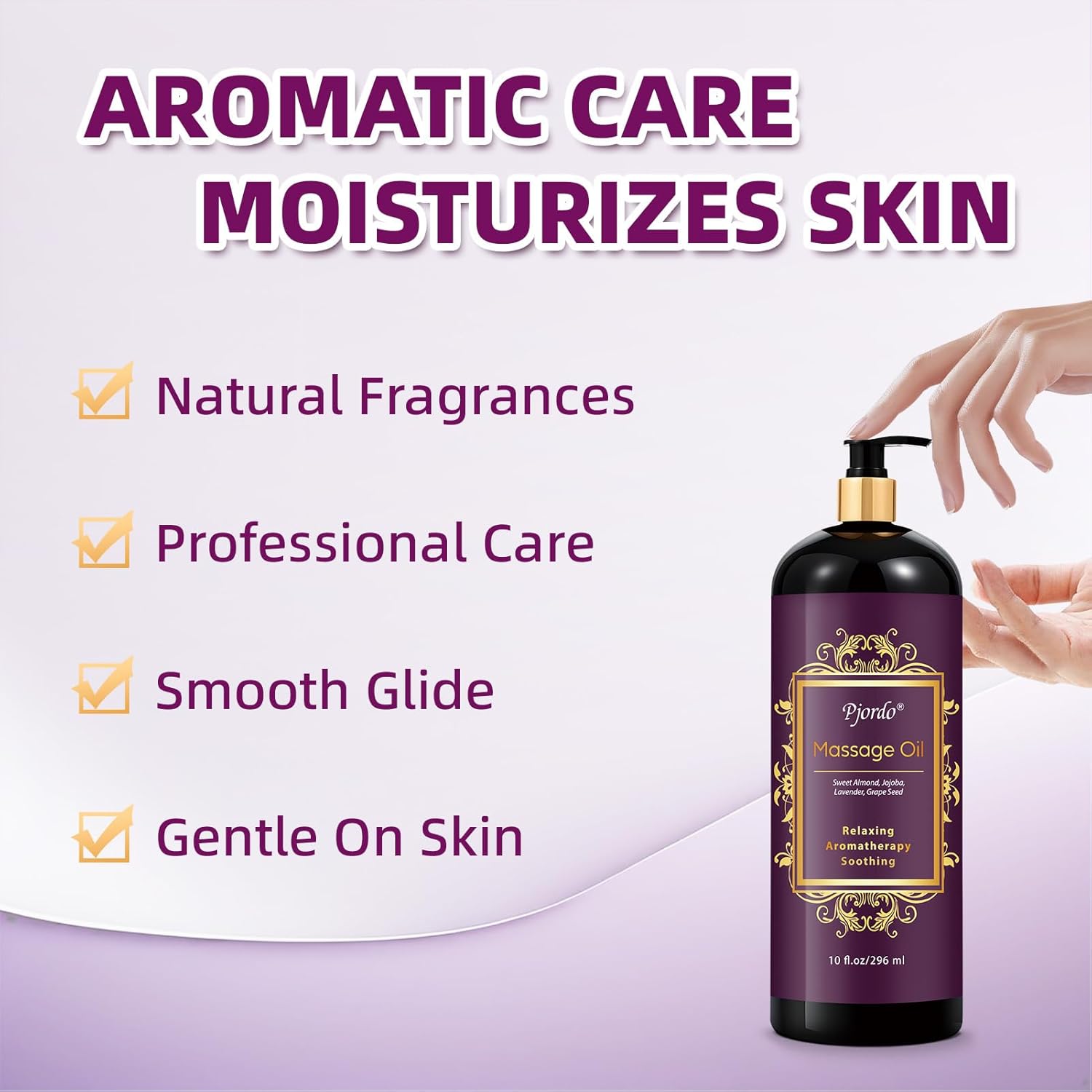 Pjordo Aromatherapy Lavender Massage Oil, 10 fl oz Relaxing Massage Oil for Massage Therapy with Grape Seed, Sweet Almond & Jojoba, Spa Quality Oils for Soothing, Calming
