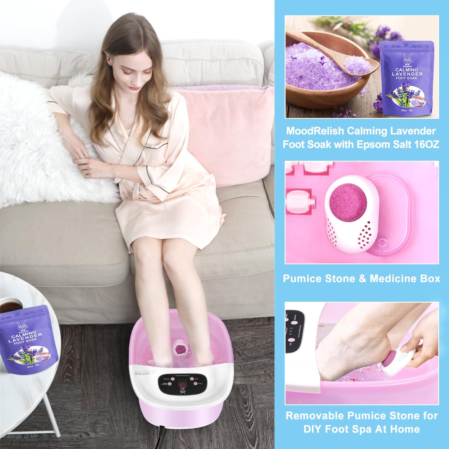 MoodRelish Foot Spa Bath Massager with Heat Bubbles and Vibration Massage and Jets, 16 OZ Calming Lavender Foot Soak Epsom Salt, Foot Soaker with Red Light, 22 Massage Rollers, Adjustable Temp - Pink