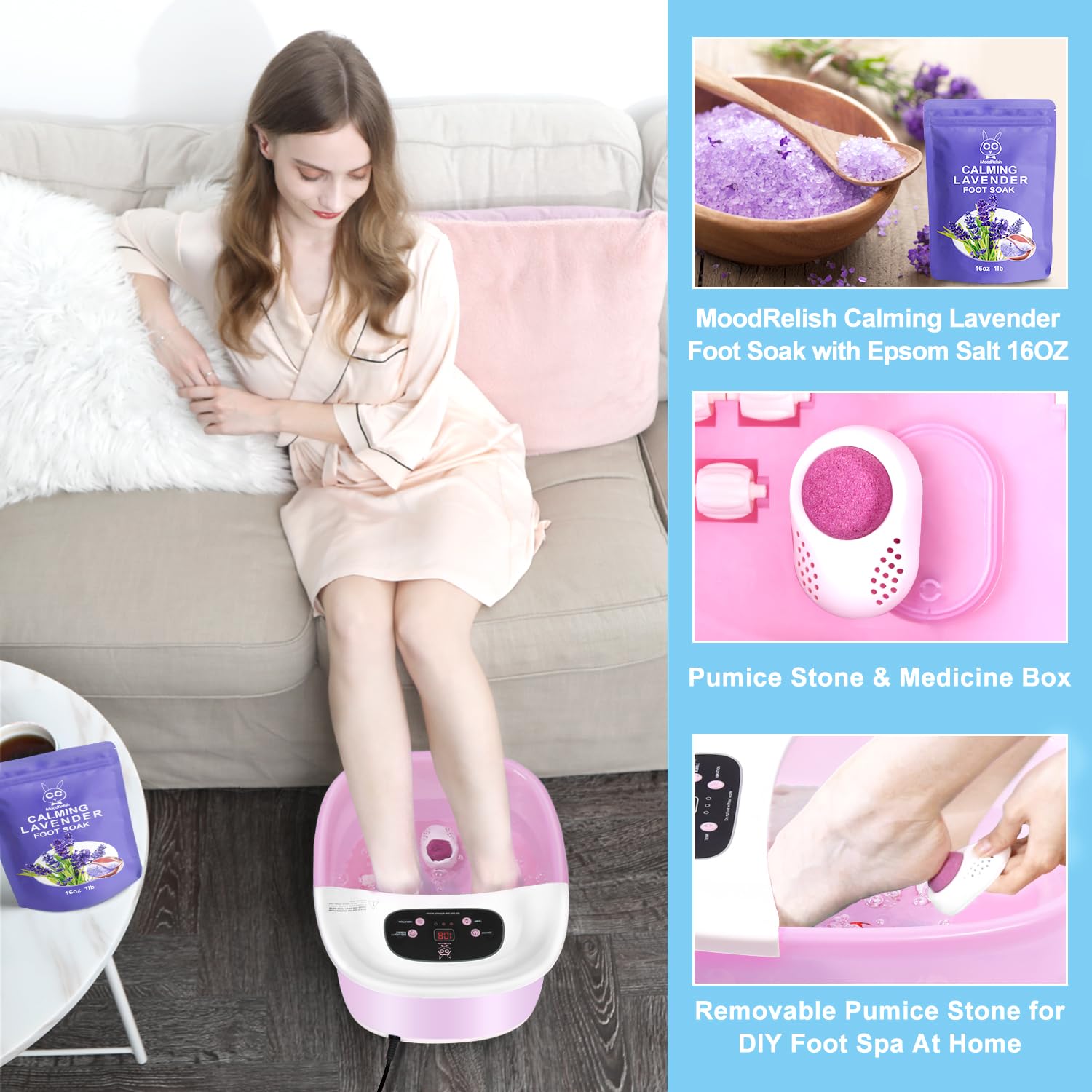 MoodRelish Foot Spa Bath Massager with Heat Bubbles and Vibration Massage and Jets, 16 OZ Calming Lavender Foot Soak Epsom Salt, Foot Soaker with Red Light, 22 Massage Rollers, Adjustable Temp - Pink