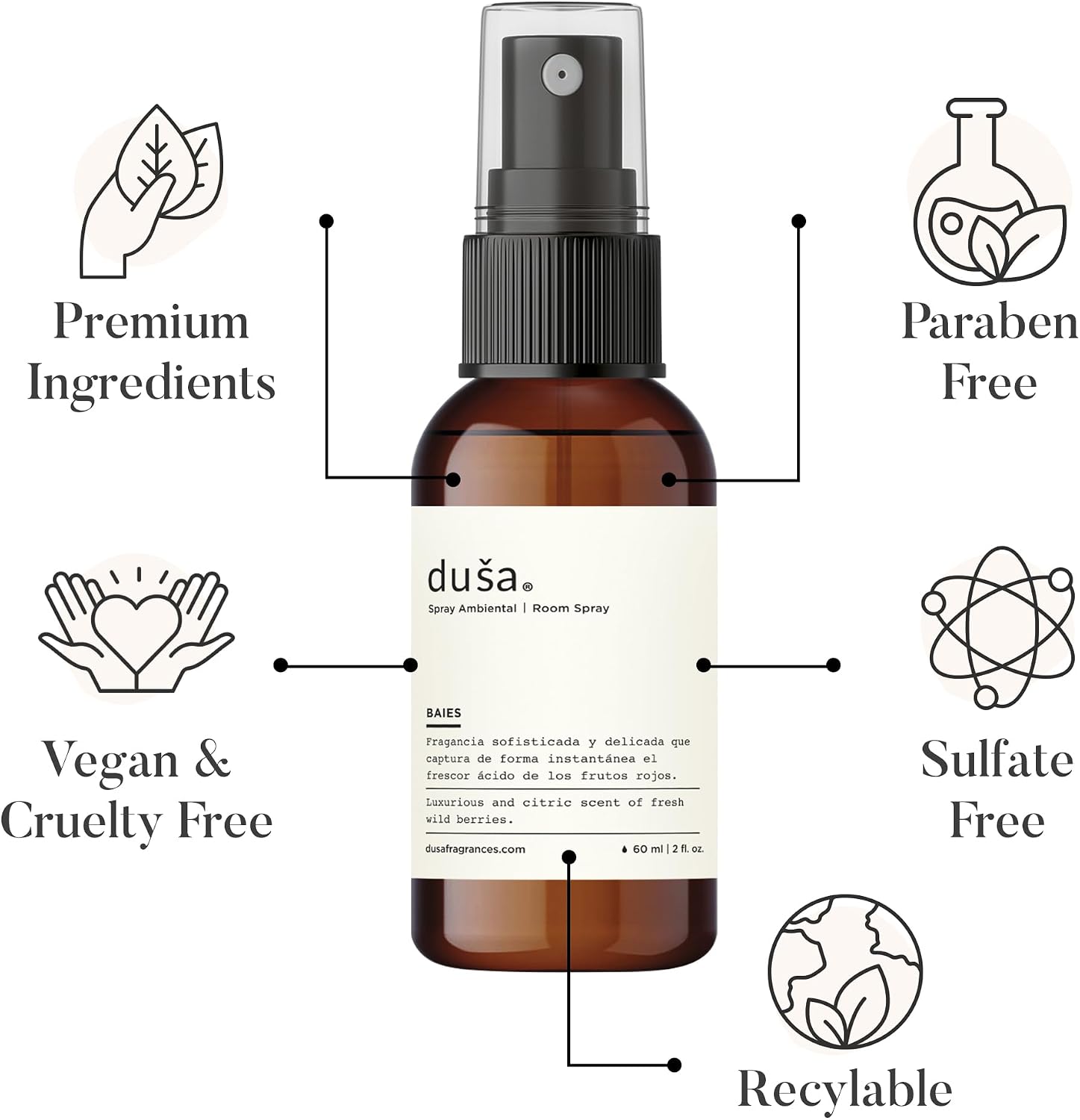 Dusa Baies Room Spray Linen Spray - 2 oz - Natural Air Freshener & Linen Mist for Home - Ultimate Home Fragrance, Bed Room Essentials & Soothing Fabric - Eco-Friendly Odor Eliminator w/Aromatherapy