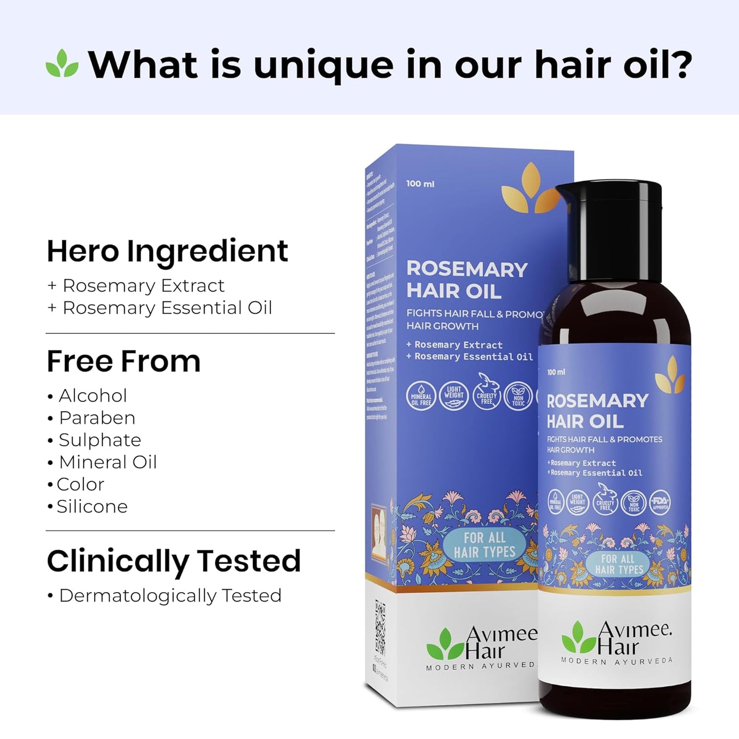 AVIMEE HERBAL Rosemary Hair Oil | For Hair Growth, Hair Fall Control and Dandruff | 100% Pure & Natural | Mineral Oil Free | 100mL