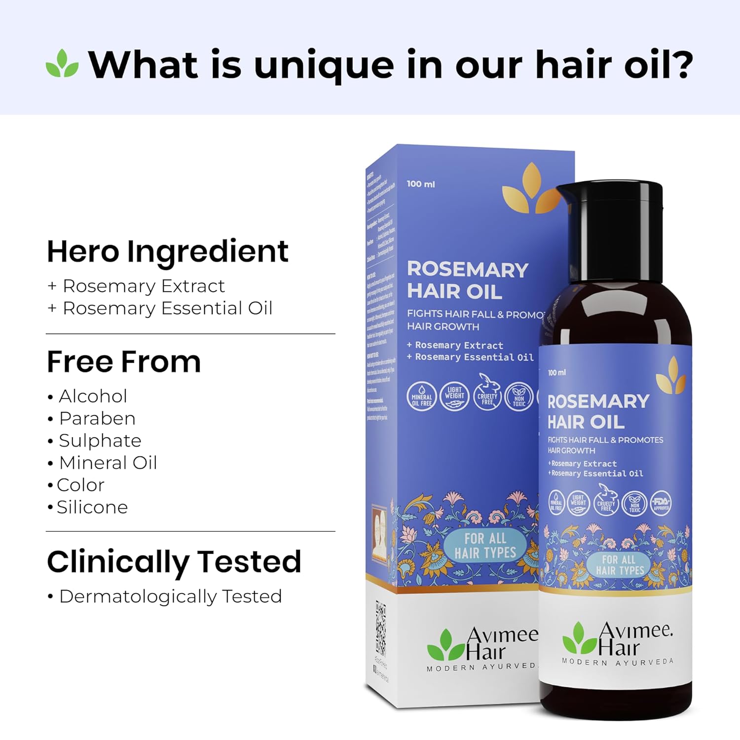 AVIMEE HERBAL Rosemary Hair Oil | For Hair Growth, Hair Fall Control and Dandruff | 100% Pure & Natural | Mineral Oil Free | 100mL