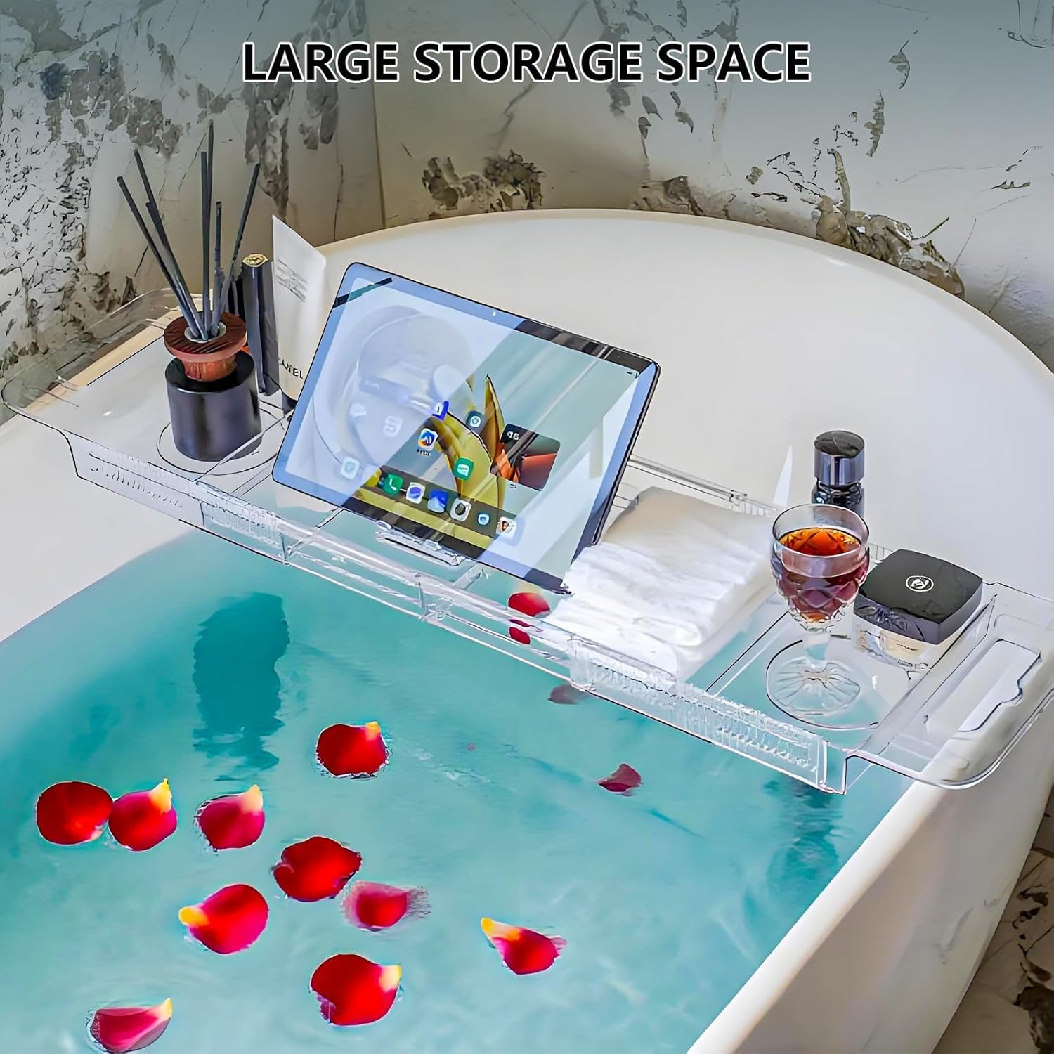 Adjustable Bathtub Tray (22-31 Inch) - Clear Acrylic Bath Caddy with Non-Slip Pads, Expandable Spa Organizer for Drinks, Books & Phone, Ideal Gift for Housewarming or Anniversary