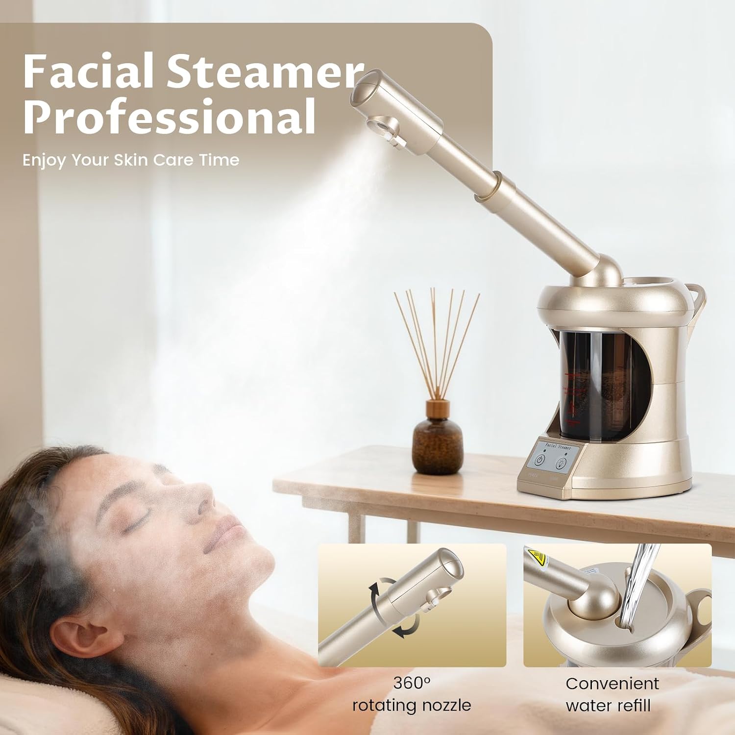 Facial Steamer Professional with More Steam for Deep Cleansing and Hydration, Face Steamer Featuring extendable arm, Steamer for Facial for Beauty, Spa and Home Use, Champagne Gold