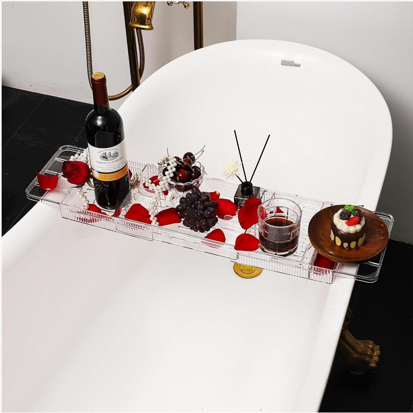 Expandable Bathtub Trays for Tub,Acrylic Bath Shelf Over Tub,with Non-Slip Design iPad Holder for Books Phone，Suitable for Bathtubs with an Internal Width of up to 28 Inch