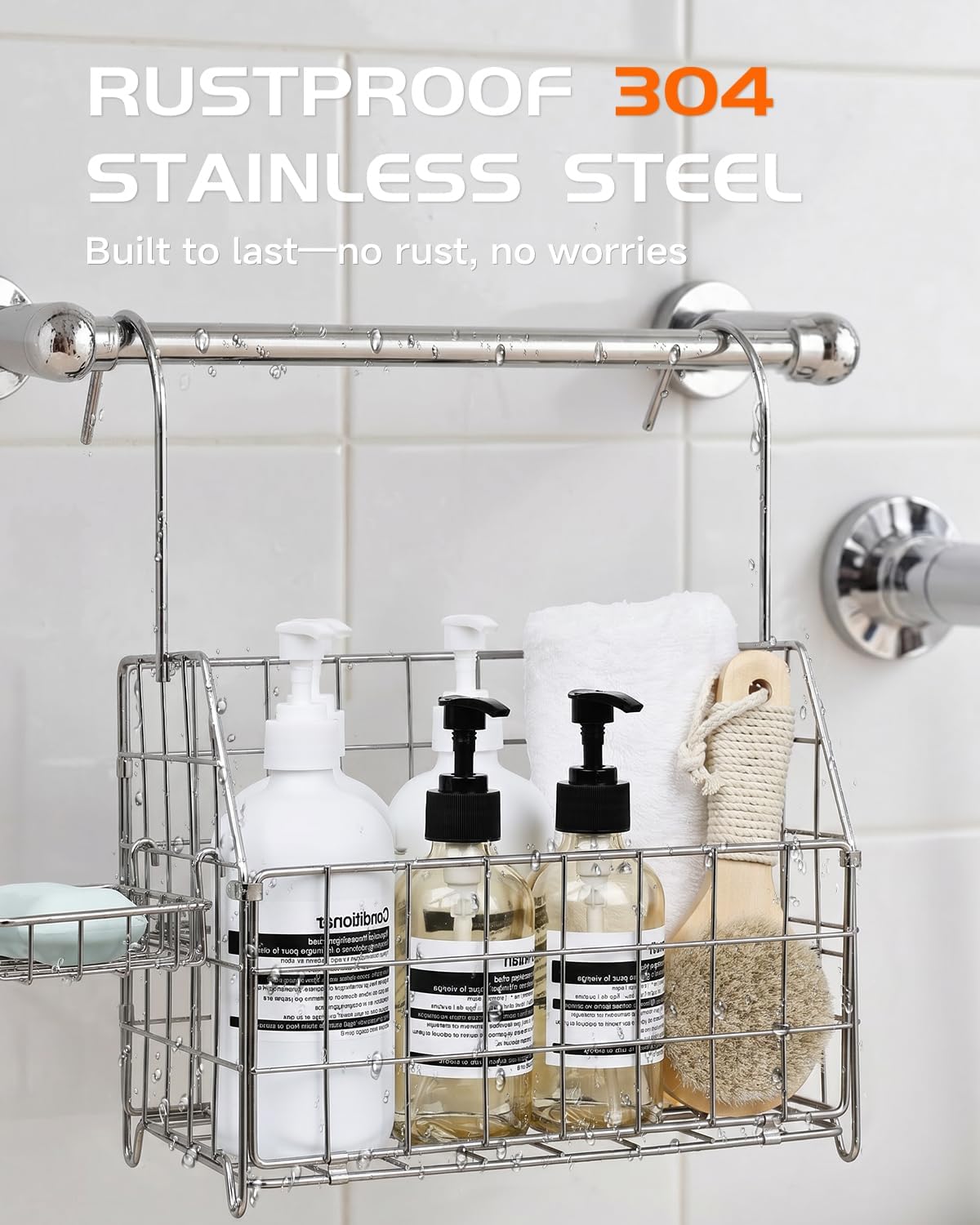 Large Rustproof Shower Caddy Hanging, 304 Stainless Steel Hanging Shower Organizer Basket for Bathroom & Bathtub, Over the Rod Shower Rack for Shampoo, Conditioner, Soap & Bath Accessories(Silver)
