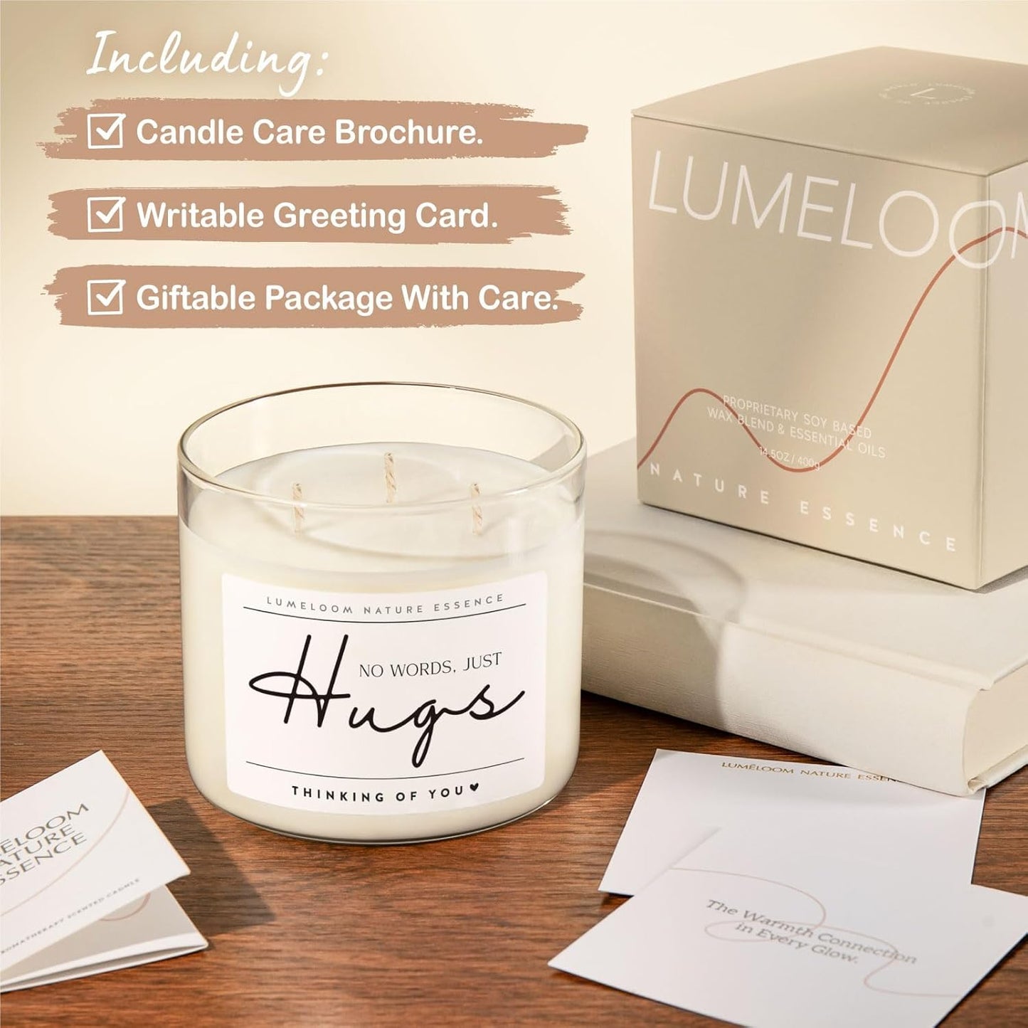 LUMELOOM Sympathy Gifts for Loss of Loved One, Memorial Gifts, 14.5oz, Large 3-Wick Lavender Scented Soy Wax Candle, No Words Just Hugs, Bereavement, Condolence, Grief, Think of You Candle for Women