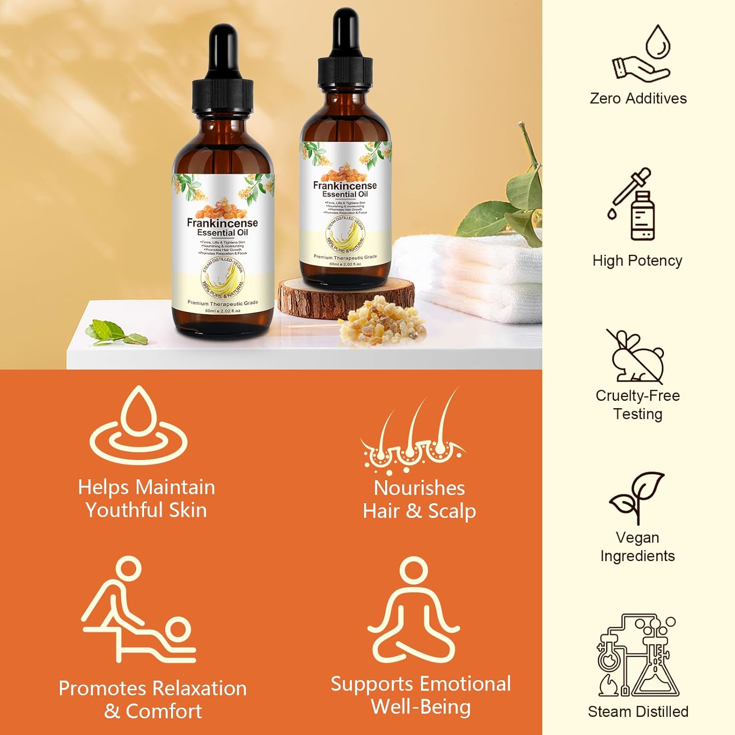 Frankincense Essential Oil 60 ml - 100% Pure and Natural Frankincense Oil, for Self Care, Skin, Face, Hair, Relieving Discomfort, Calming, Massage & Relaxation, Deeply Nourishing